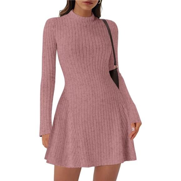 Dresses & Skirts - Women's Sweater Dress Ribbed Knit, Short Dress Pink
